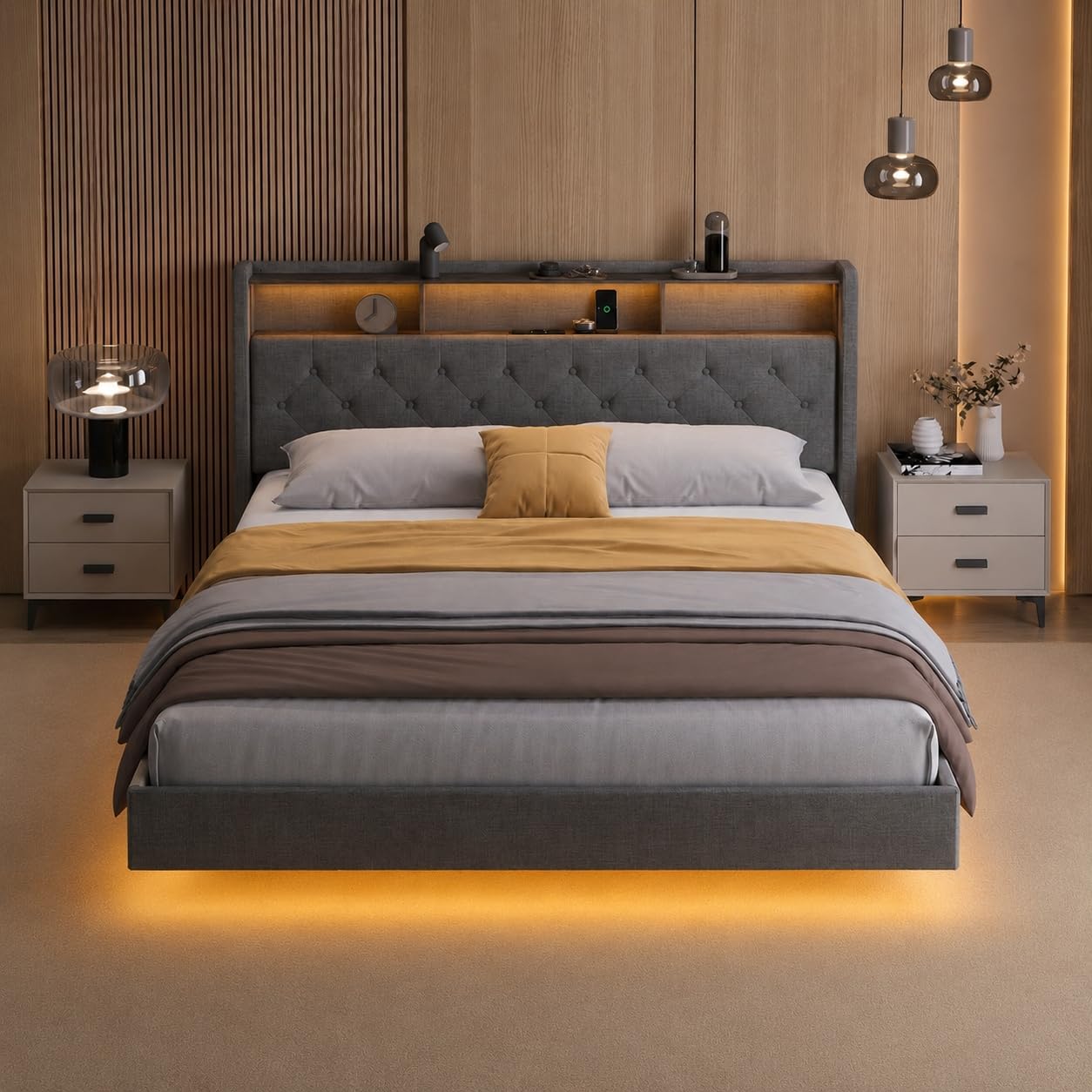 Xbro Camas Tapizada Matrimoniales 160x200 cm con Iluminación LED y Estación de Carga (USB/Enchufe), Aspecto Flotante, Cabecero Acolchado con Espacio de Almacenamiento, Somier, Gris Oscuro(Sin Colchón)