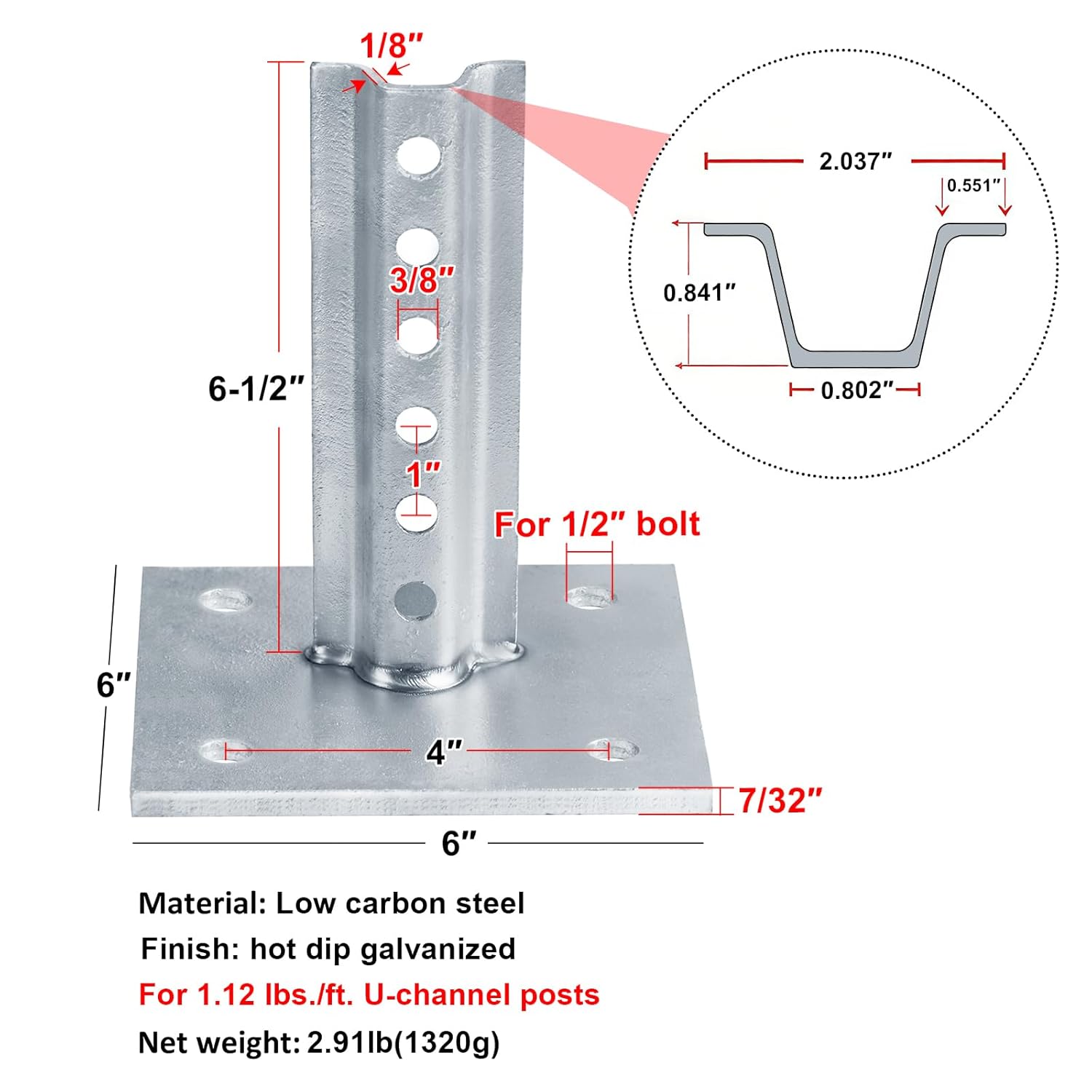 2 Pack U-Channel Sign Post Anchor Base for 1.12 lb/ft U-Channel Posts, Surface Mount Base