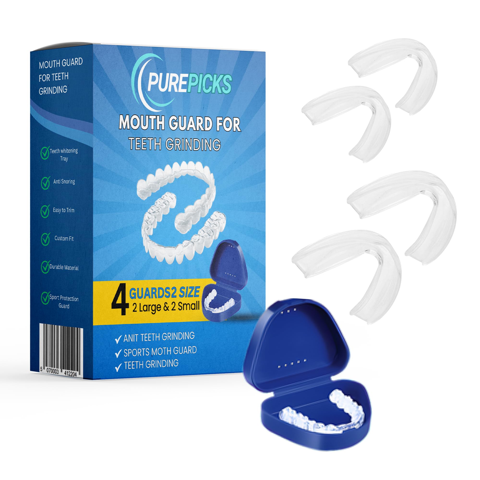Mouth Guard for Teeth Grinding - Pack of 4, 2 Sizes with Travel Case - Moldable Gum Shield for Bruxism, Comfortable Dental Mouth Guard Protection