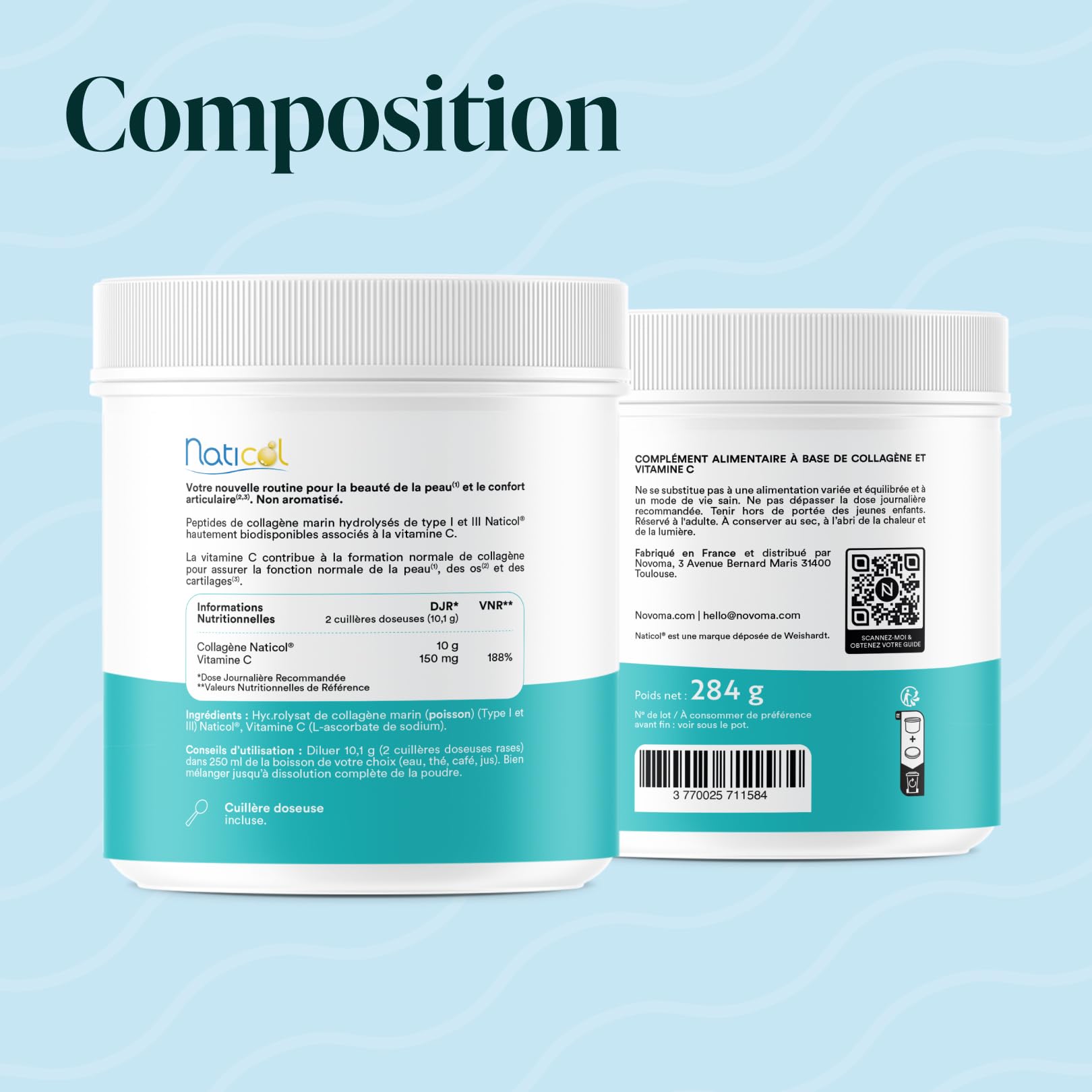 NOVOMA Collagene Marin Poudre Type 1 & 3, Peau & Articulations, 10g par Portion, Cure de 28 jours, Collagène Breveté Naticol Avec Vitamine C, Pot de 284g Sans arôme, Made in France