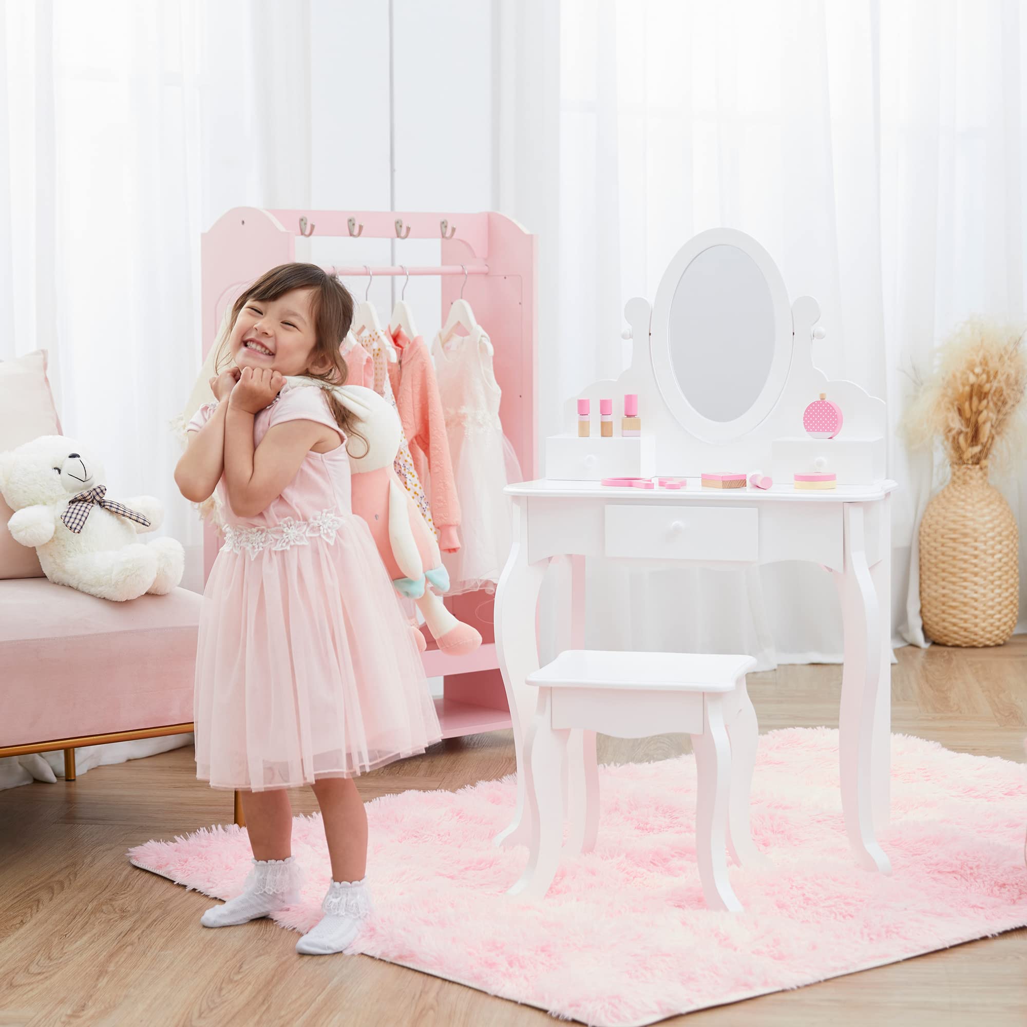 Teamson Kids Princess Rapunzel Wooden 2-pc. Play Vanity Set With Three Storage Drawers, Rotating Oval Mirror and Matching Stool to play dress-up, princess or beauty shop, White