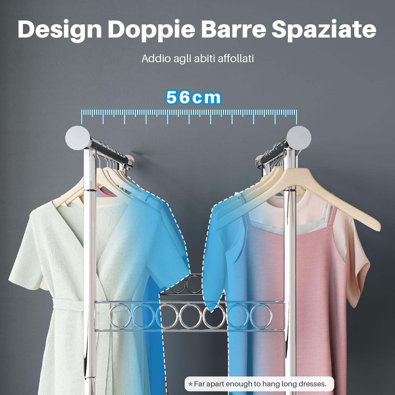 HOKEEPER Appendiabiti da Terra Resistente a Doppia Barra con Ruote, 295kg, con Ripiano Inferiore, Estensibile - Ideale per Camera da Letto, Boutique, Lavanderia, Argento