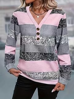 Women's Casual Long Sleeve Pullover Sweatshirt Button Stripes Vintage Print Loose Top Fall Fashion Outfits Clothes