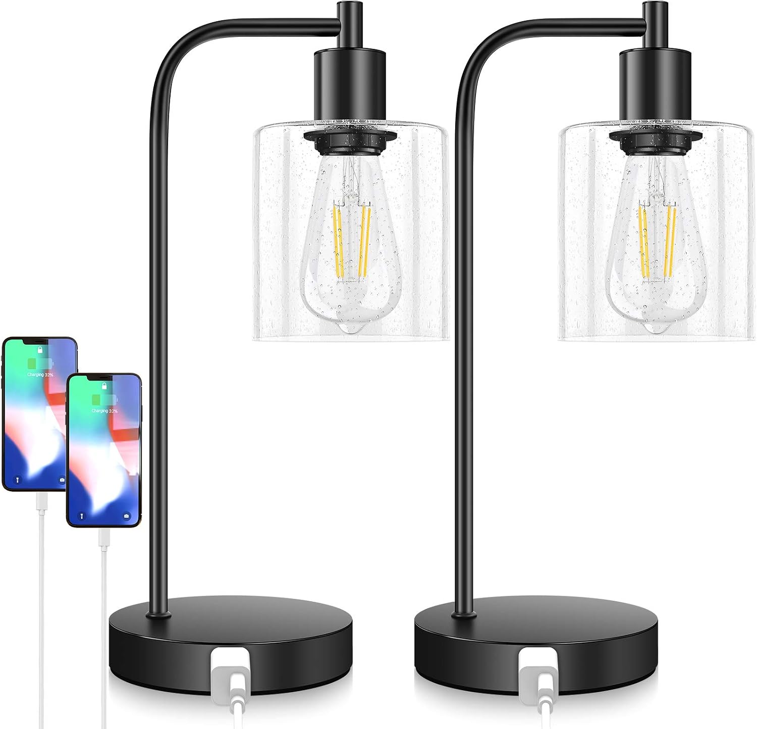 Touch Control Industrial Table Lamps Set of 2, Bedside Nightstand Lamps with 2 USB Ports&AC Outlet, 3-Way Dimmable Vintage Desk Lamp with Seeded Glass for Bedroom Reading, Living Room, Bulbs Included