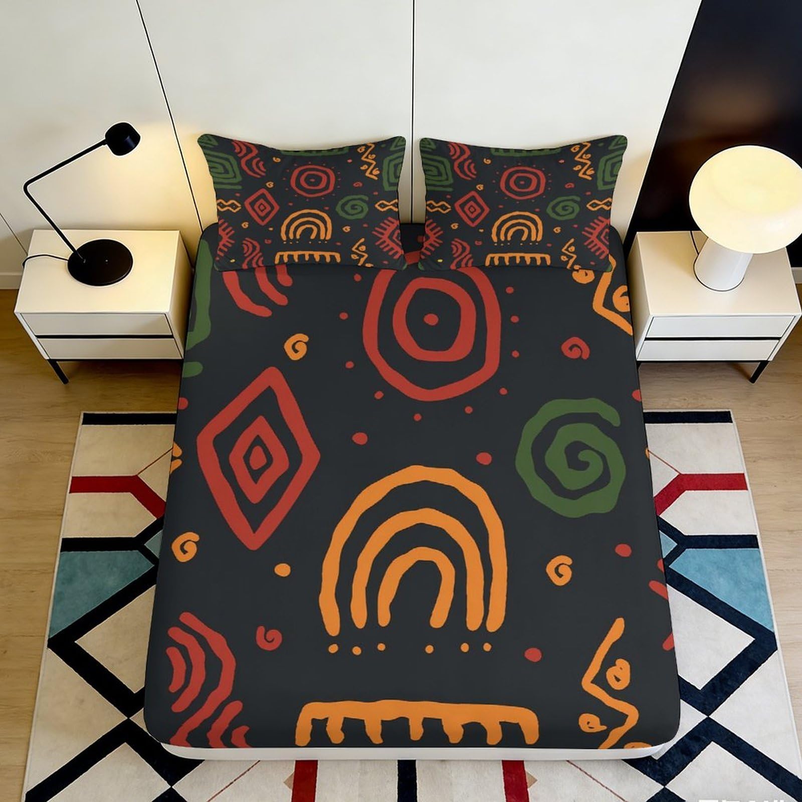 3D Printed Abstract Geometric Fitted Sheet Microfiber Soft Breathable Tribal Pattern Mattress Cover for Bedroom Dormitory Guest Room Protection Decor 90x200x25cm
