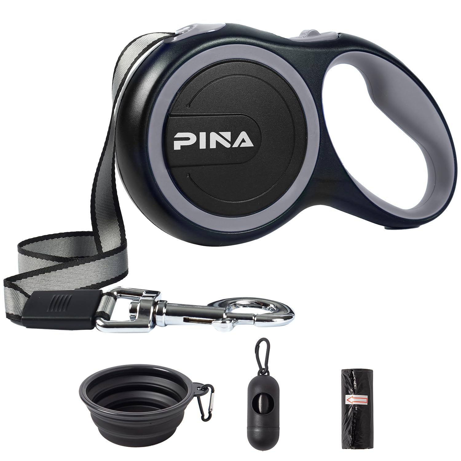 PINA Upgraded Retractable Dog Leash for Small Medium Large Dogs Up to 110lbs, 16FT Smooth & Durable Nylon Tape, 360° Tangle-Free Dog Leash, with Anti-Slip Handle, One-Handed Brake, Pause, Lock - Black