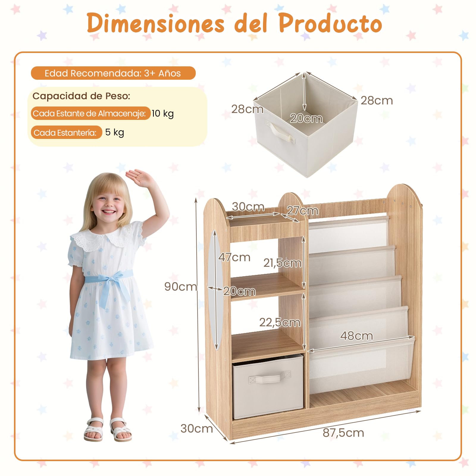 COSTWAY Librería Infantil, Estantería Infantil para Libros con Espejo de Cuerpo Entero, Cajón y Estantes de Tela de 4 Niveles, Librería Montessori para Sala de Juegos para Niños de 3+ Años (Natural)