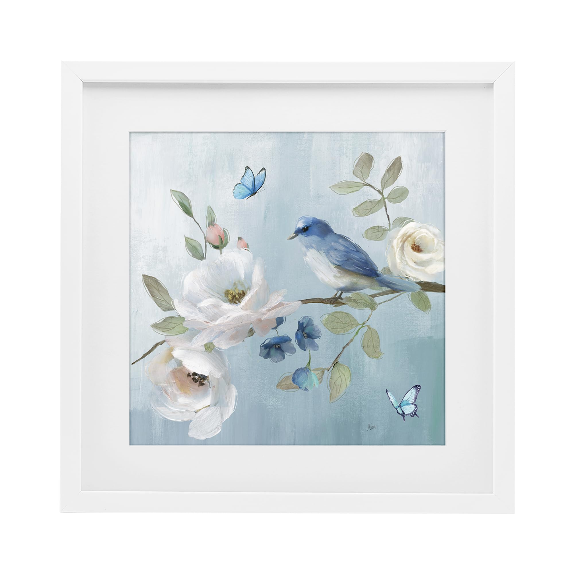 Stupell Industries 'Pastel Blue Bird Blooms', Framed Print Under Glass, White, 13 x 13 Inches, Easy to Hang and Sturdy, Made in USA, by Nan
