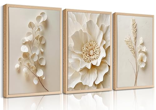 BHSUUHIT 3 Pcs Neutral Beige Botanical Wall art White Florals