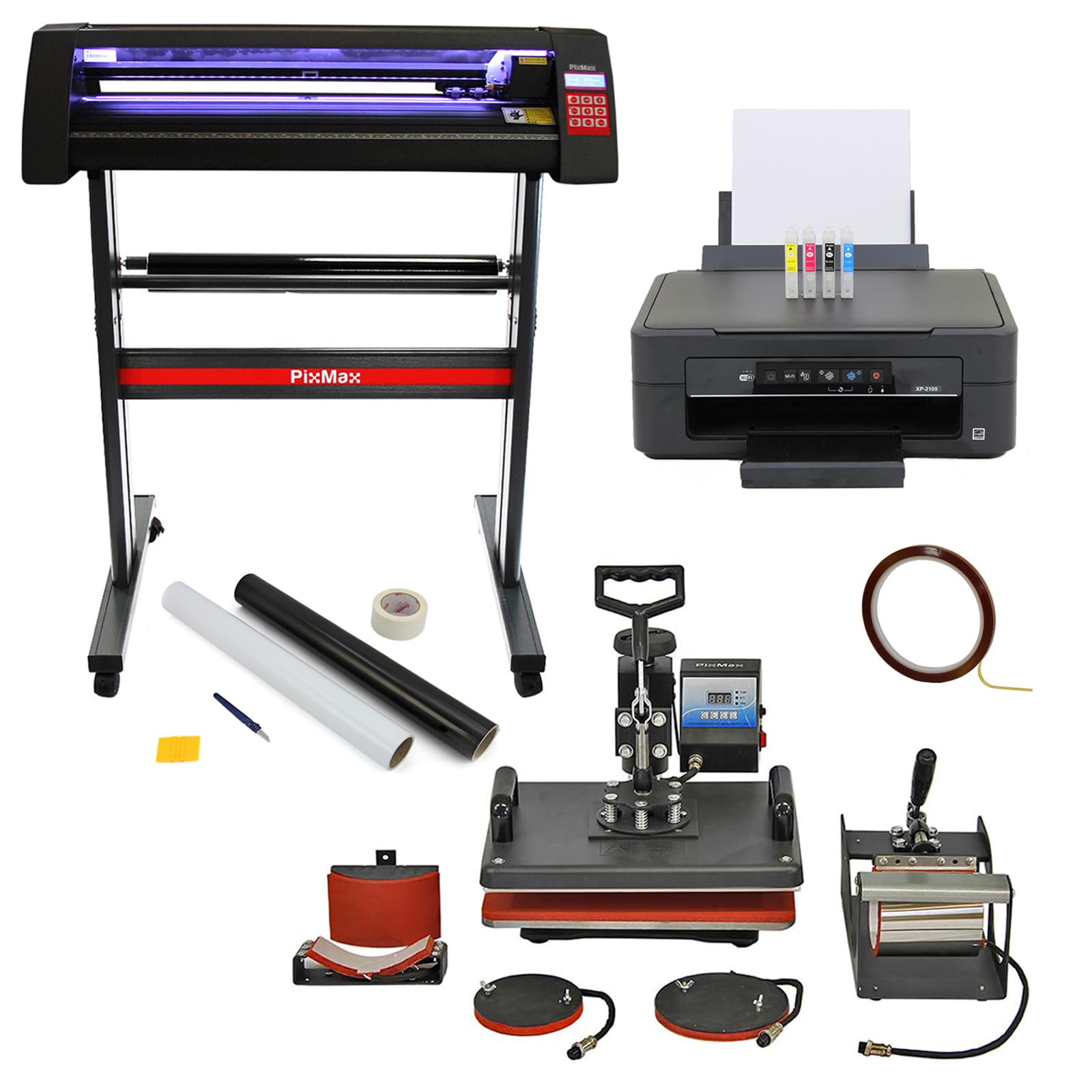 Bundle creativo PixMax con pressa a caldo 5 in 1, plotter da taglio vinile LED 720mm, stampante Epson per sublimazione, accessori e kit spellicolatura