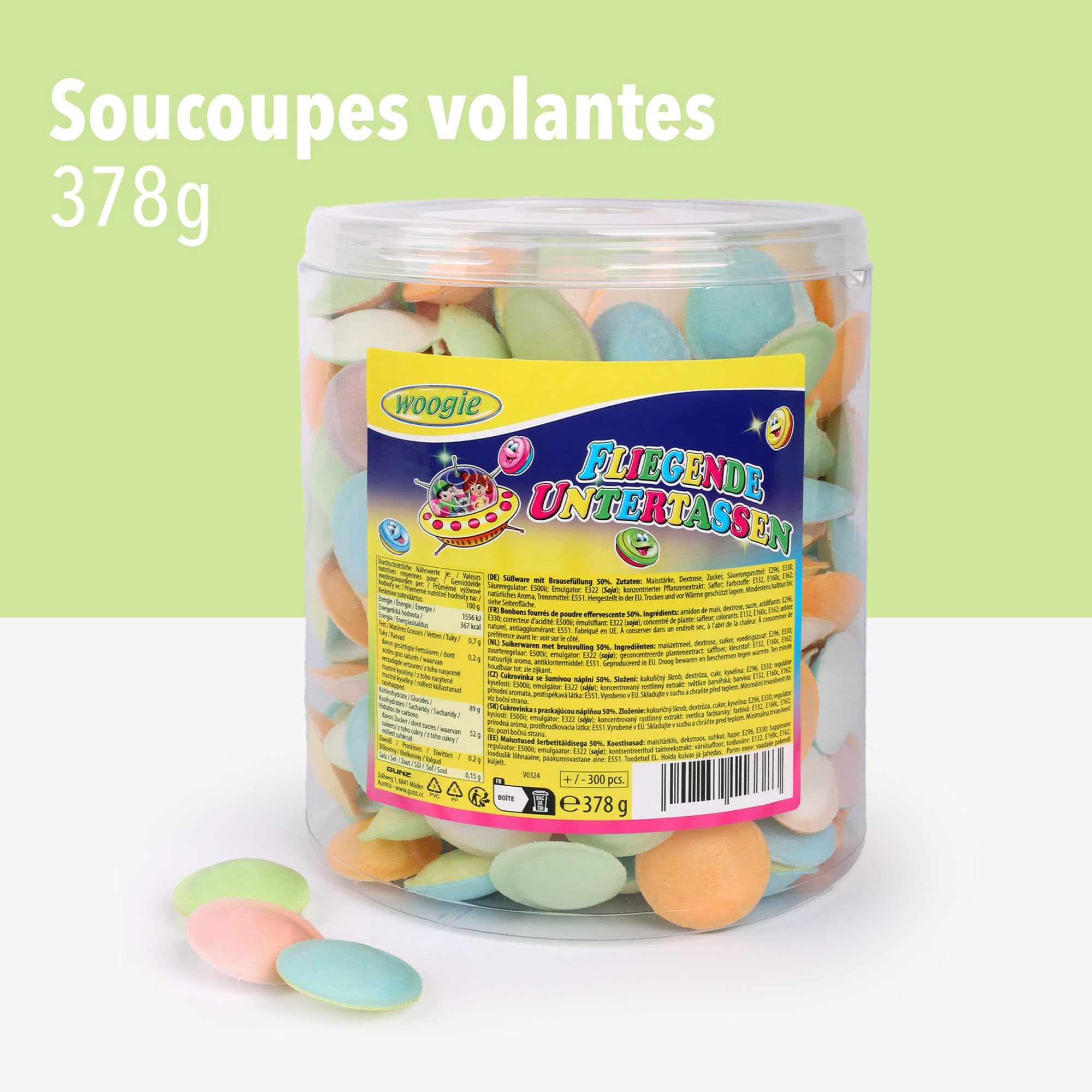 Woogie Soucoupes volantes 378g env. 300 pièces - OVNIs effervescents multicolores en gaufrettes de papier alimentaire - Friandises rétro cultes pour fêtes, anniversaires d'enfants & classes d'école