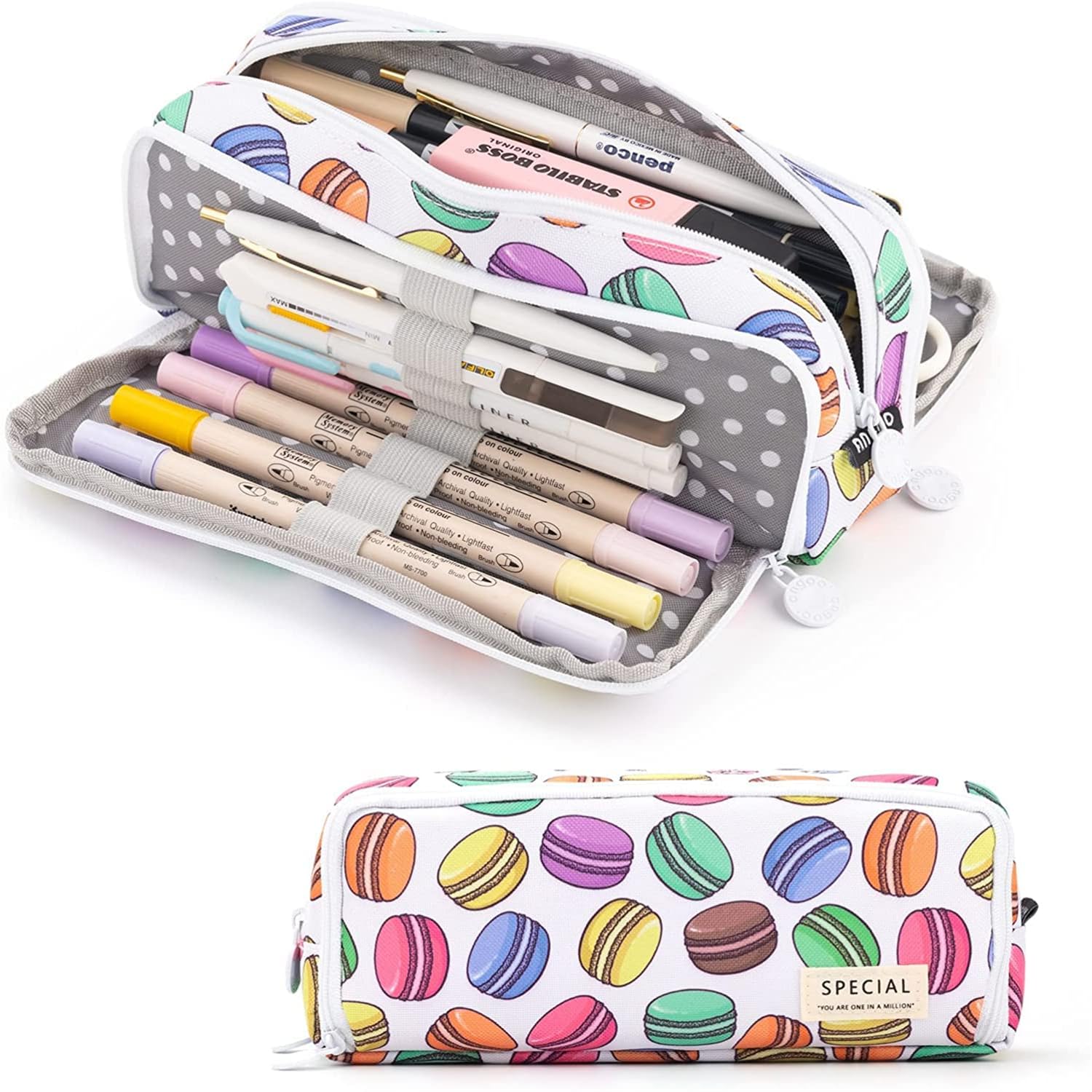 X spring Xspring Pencil Bag, Large Pencil Case with 3 Compartments Canvas and Zipper, Multi-function Stationery Case Bag, Big Capacity Pencil Pouch for Teen Boys Girls School Students (White Macaron)