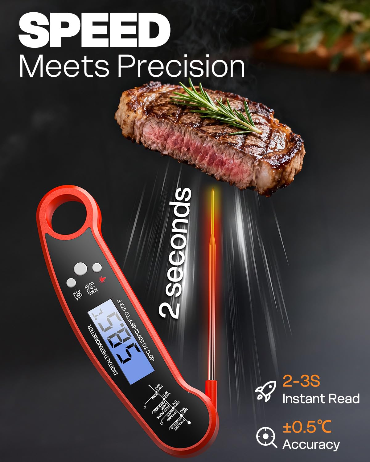 BESROY Meat Thermometer Digital,Instant Read Meat Thermoteter Probe for Cooking,Foldable Food Thermometer for Kitchen,BBQ, Candy,Mike,Water,Temperature Probe with Water Proof,Kitchen Essentials — view 3