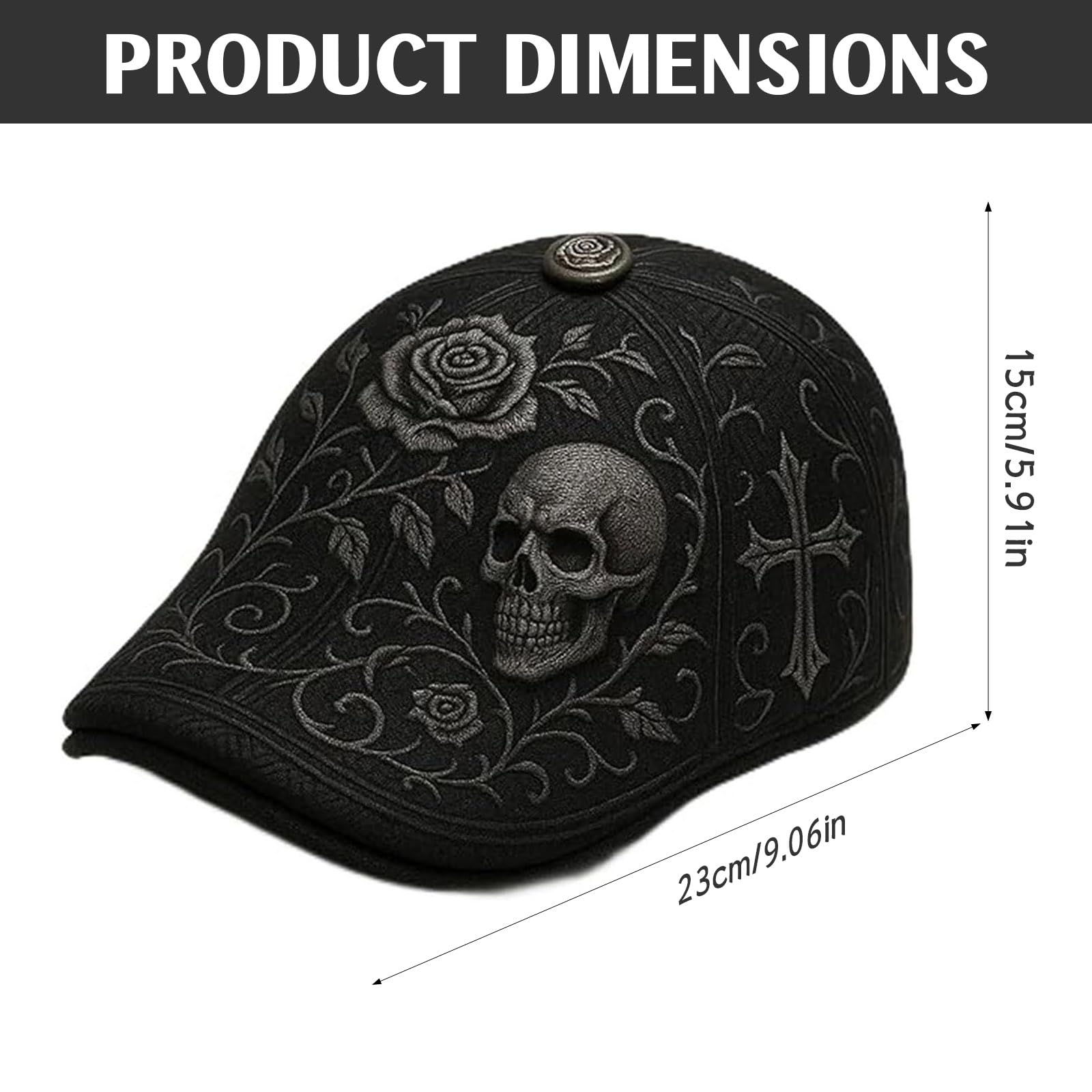 CHANGYUE Casquette Plate crâne et épine, Chapeau rétro réglable Gothique avec crâne, Rose et Croix, Cadeau Mode