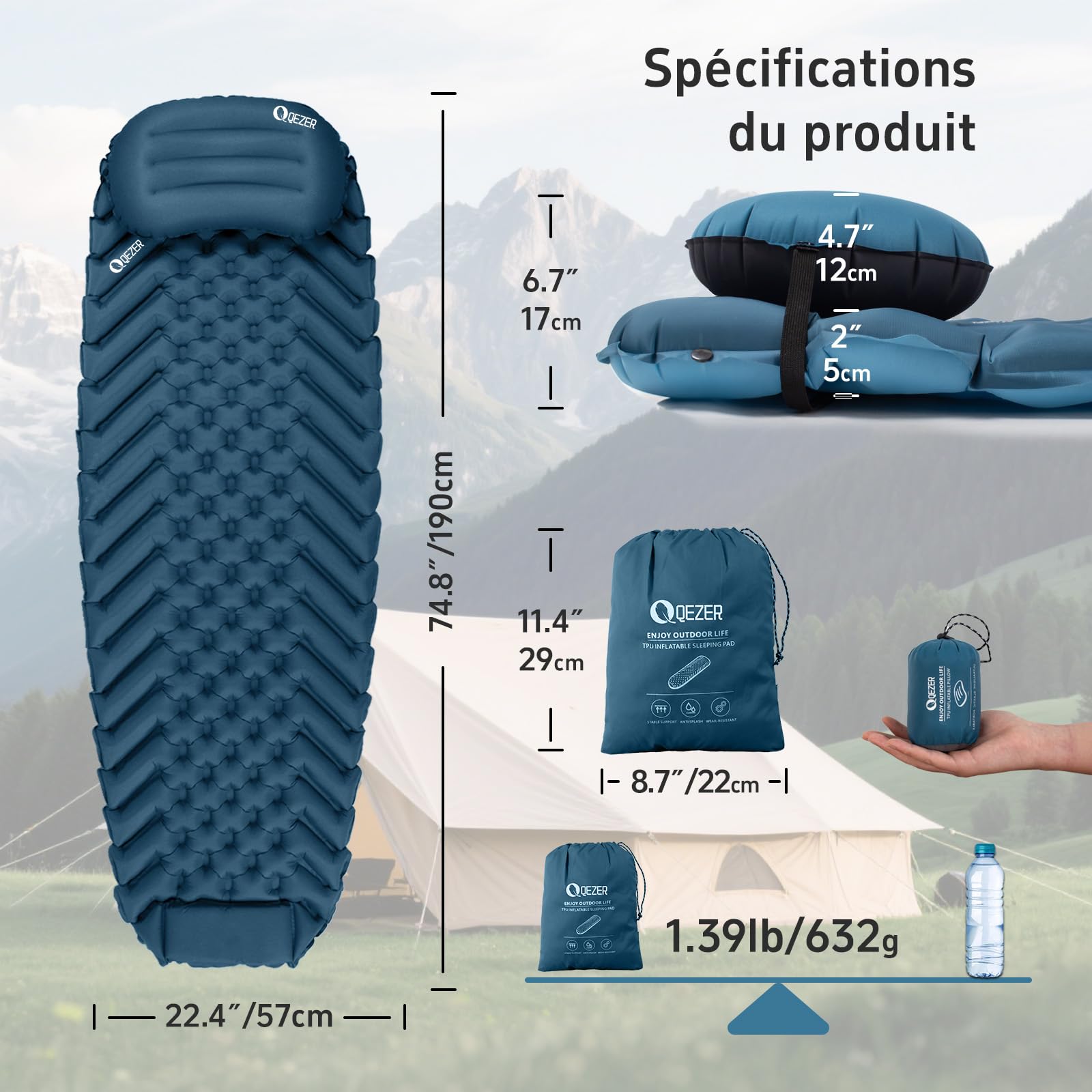 Matelas Gonflable ultraléger (avec Oreiller) Matelas Gonflable Portable pour la Plage, Le Camping et la randonnée