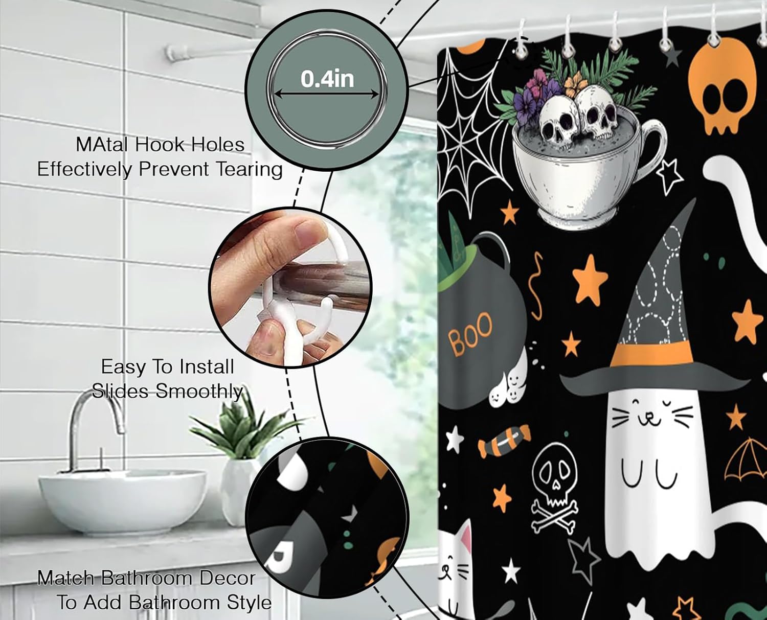 Halloween Cartoon Shower Curtain 70" Wx96 H,Funny Cat Witchy Hat Spooky Bat Pumpkins Skull Cute Gothic Fabric Bathroom Decor Curtains with Hooks,