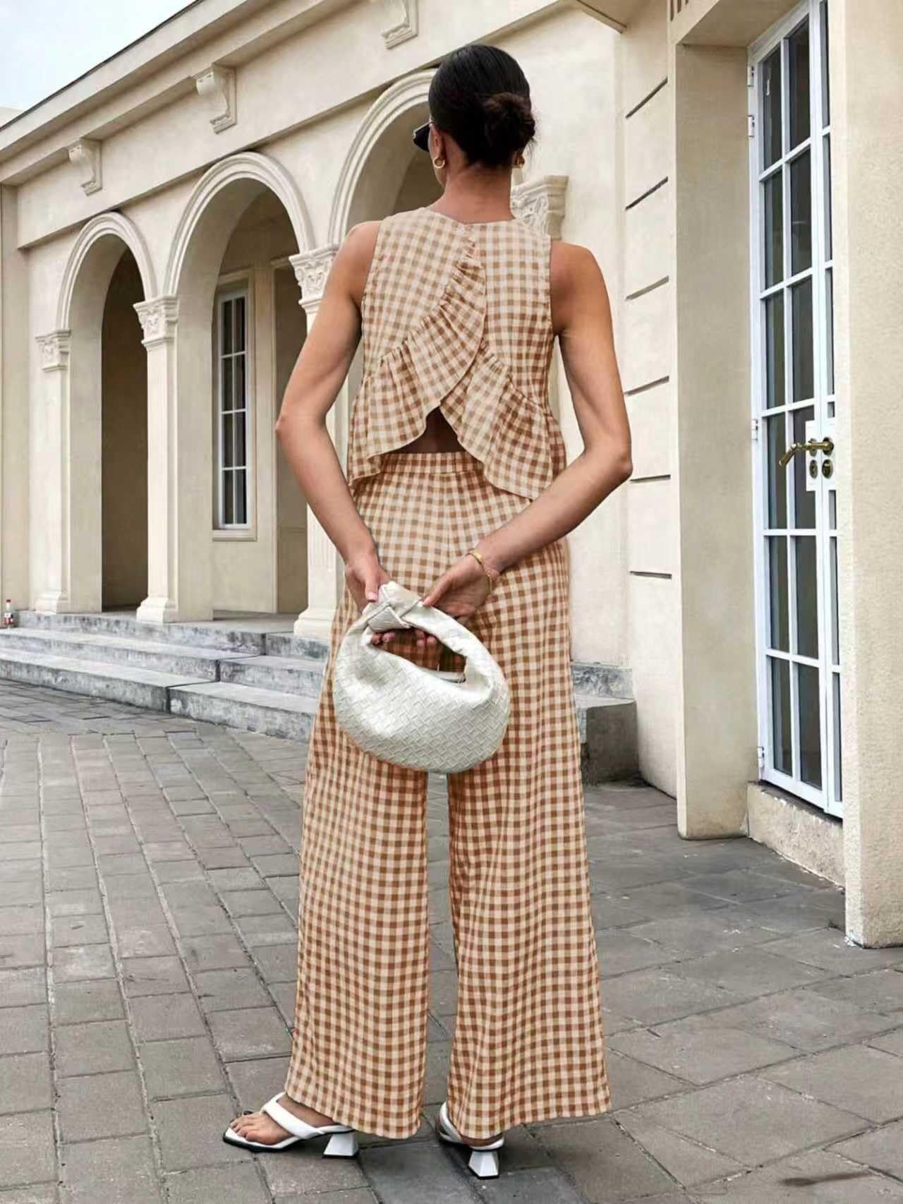 Generale Completo Due Pezzi Donna Estate 2026 Vichy Canotta e Pantalone Largo Vita Elastica, Outfit Casual con Tasche