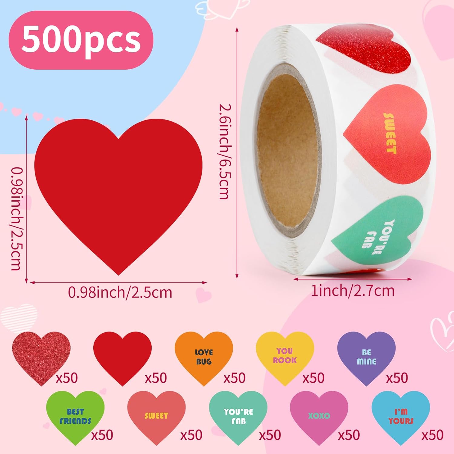 500 PCS Heart Stickers for Kids Valentines Day Heart Stickers Colorful Crafts Removable Labels Valentines Sticker Decorations for Reward Classroom Cards Envelopes Boxes Party Favors Supplies