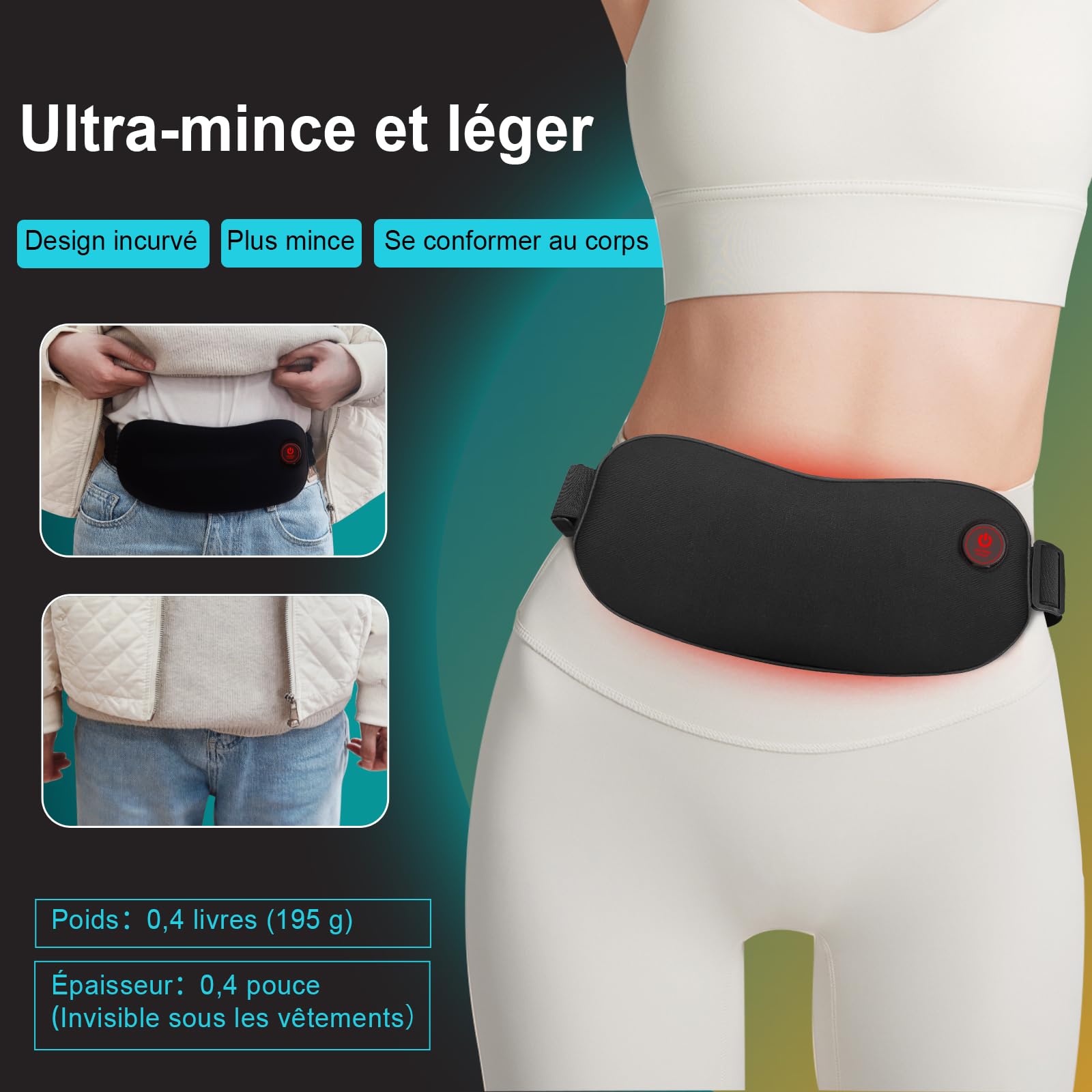 UNCN Ceinture Chauffante Lombaire | Bouillotte Ceinture Batterie Rechargeable Comprise,5000mAh | Coussin chauffant portable sans fil | 2 niveaux de température | Ceinture élastique est réglable