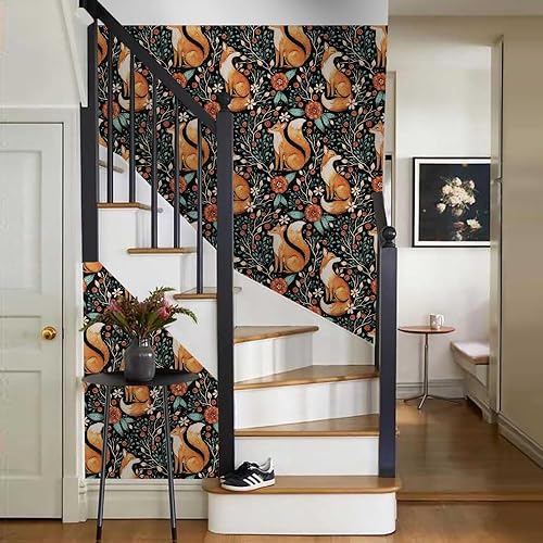 Miniatura 6 de Papel tapiz autoadhesivo de 18 x 236 pulgadas, diseño floral de zorros salvajes oscuros, papel de contacto extraíble, papel de pared fácil de
