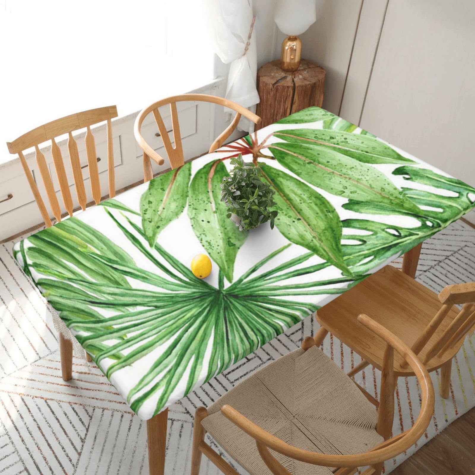 DCEHGEW Elastic Fitted Rectangle Tablecloth for 5ft Tables, Tropical Palm Banana Leaves Printed Oilproof & Washable Fabric Picnic Table Cloth Table Covers