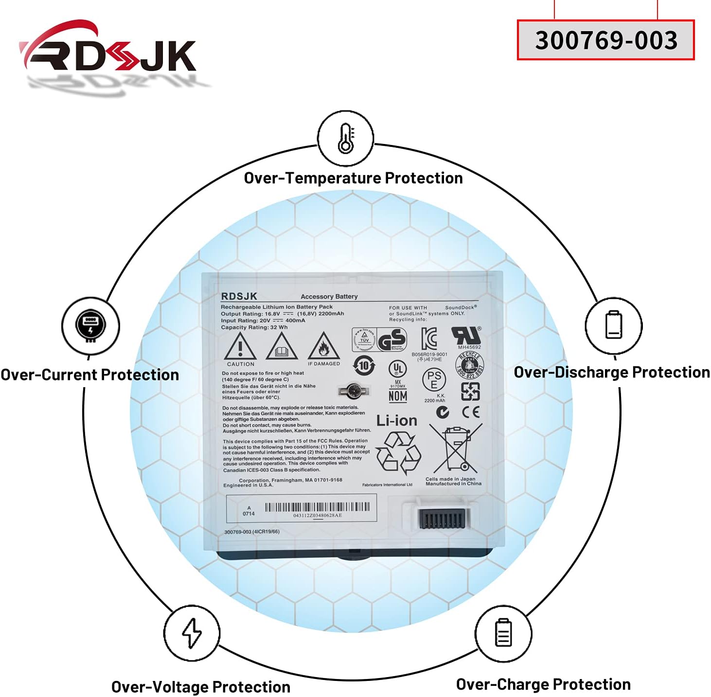 RDSJK 300769-003 300769-001 300769-002 300769-004 300770-001 Battery Replacement for Bose SoundLink Air Sounddock Portable Digital Music System 4ICR19/66 350160-1100 16.8V 32Wh 2200mAh (White)