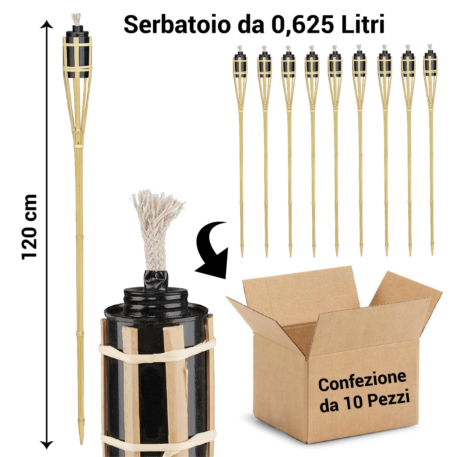 Crisalide® - Torce ad Olio in Bambù per Giardino – Fiaccole Decorative da Esterno con Serbatoio in Metallo e Stoppino – Ideali per Patio, Vialetti e Piscina – Set 5 o 10 Pezzi (10, 120 Cm - 0,625 L)