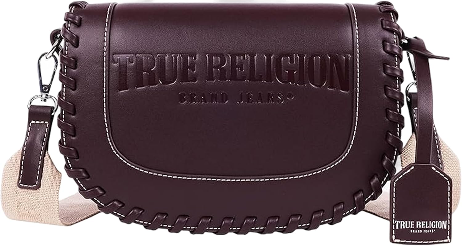 True Religion Saddle Bag, Whip Stitch Flap Crossbody Purse with Wide Logo Strap and Magnetic Closure, Wine