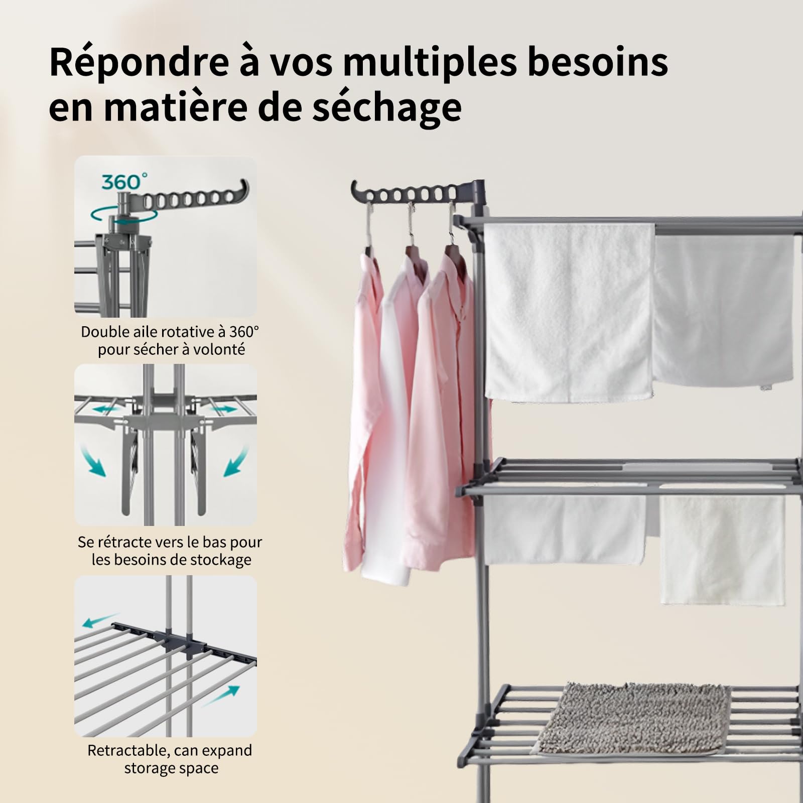 Fabulcozy Séchoir à Linge Pliable Étendoir à Linge 4 Niveaux avec roulettes Utilisation intérieure et extérieure (Petit)