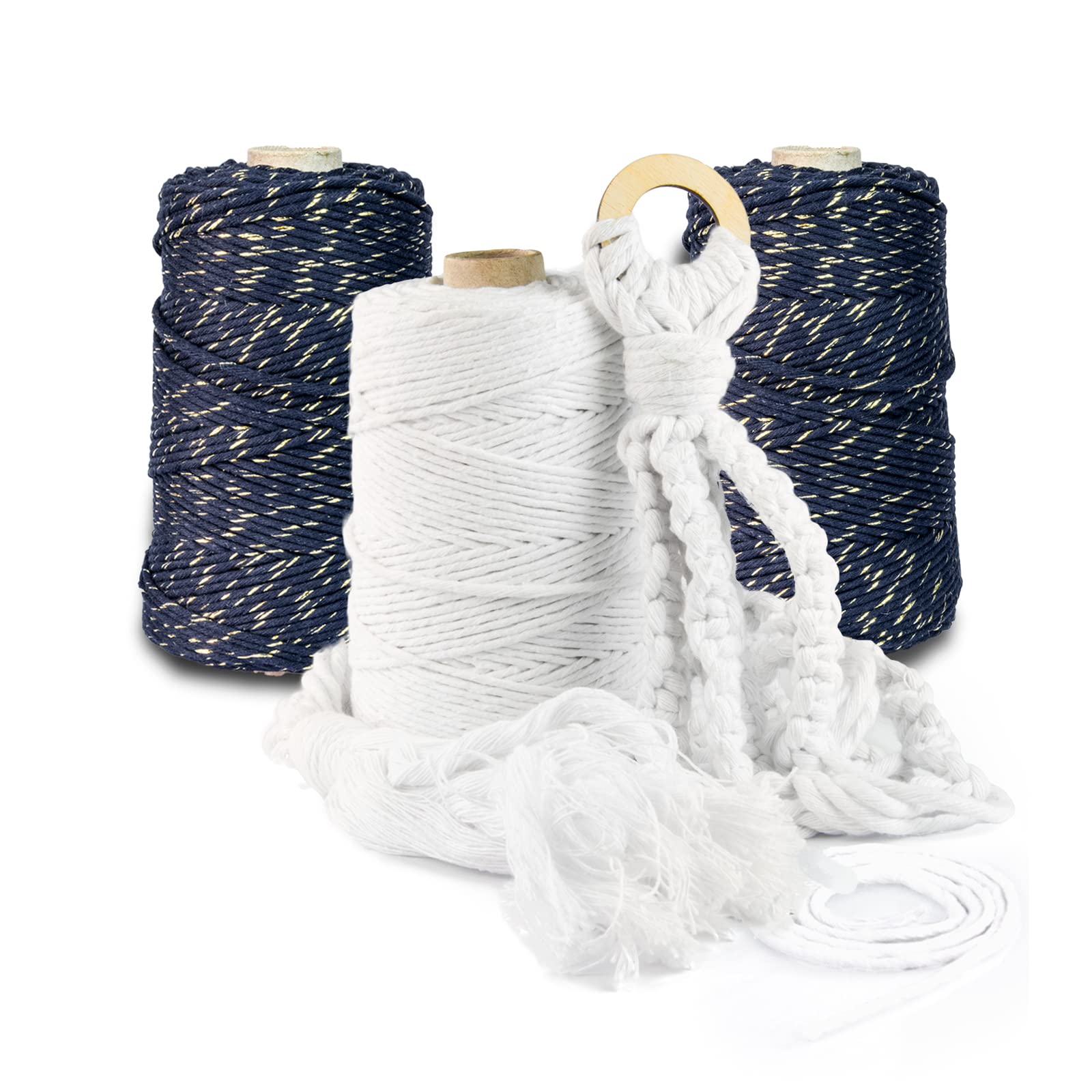 Hilo de macramé prémium, 600 m, 3 mm, color azul oscuro con hilos dorados, 100 % algodón, cordón natural, hilo de algodón, decoración para manualidades