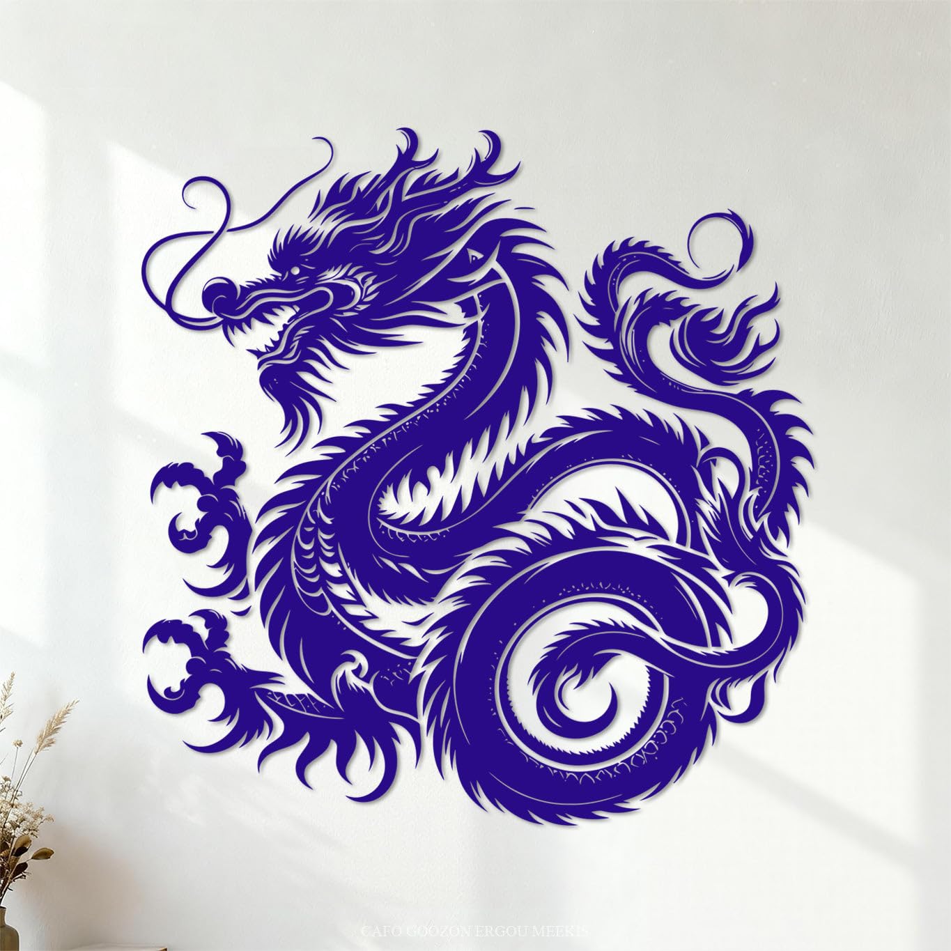 Wood Chinese Dragon Tribal Style Tattoo Design Silhouette Fine Carving Stickers 54.6x56.7cm Self Adhesive DarkBlue