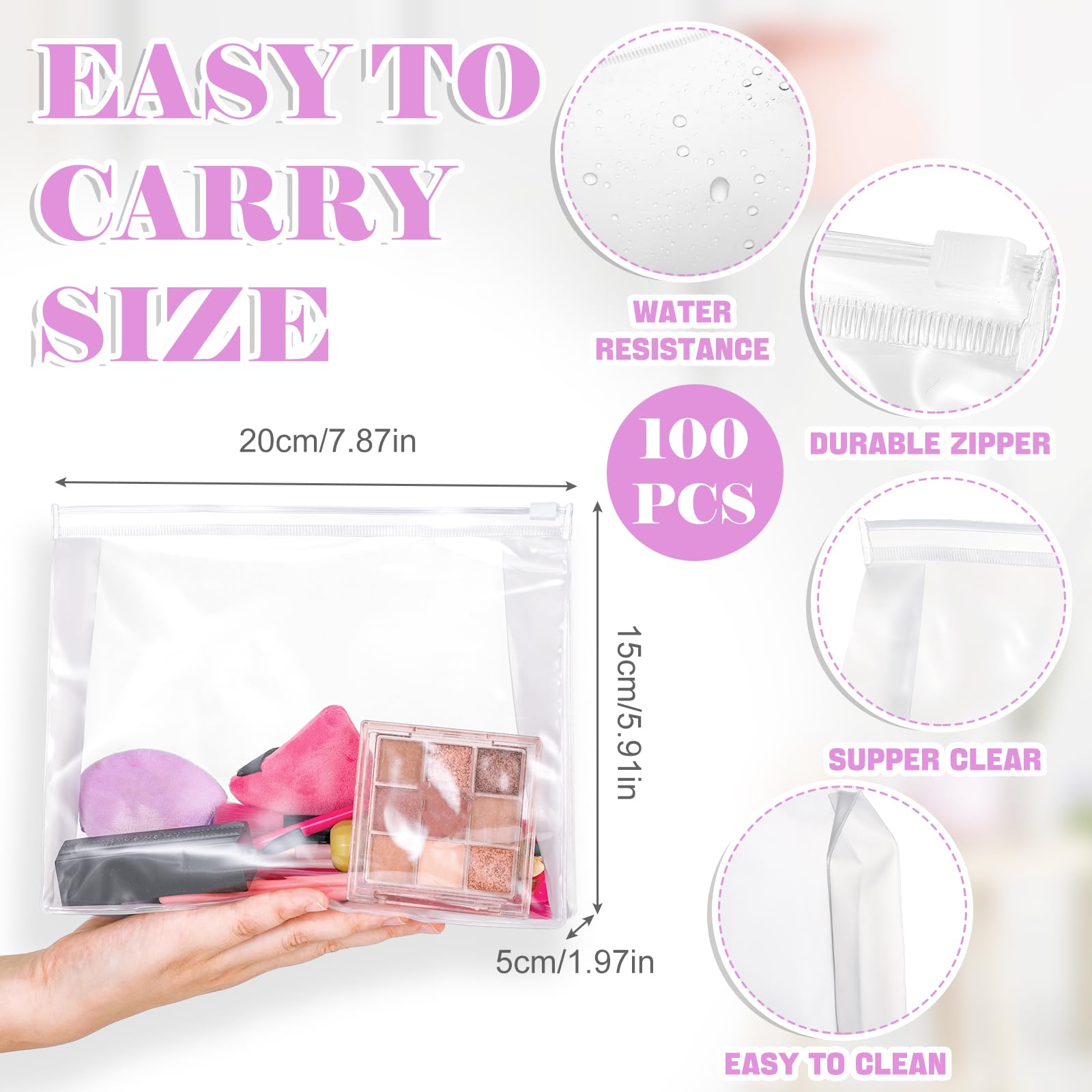 Xuniea 100 Mini Bolsas de Maquillaje Transparentes de PVC, pequeñas Bolsas organizadoras de artículos de tocador de Viaje, Impermeables, de plástico Transparente, con Cremallera, para Mujeres y