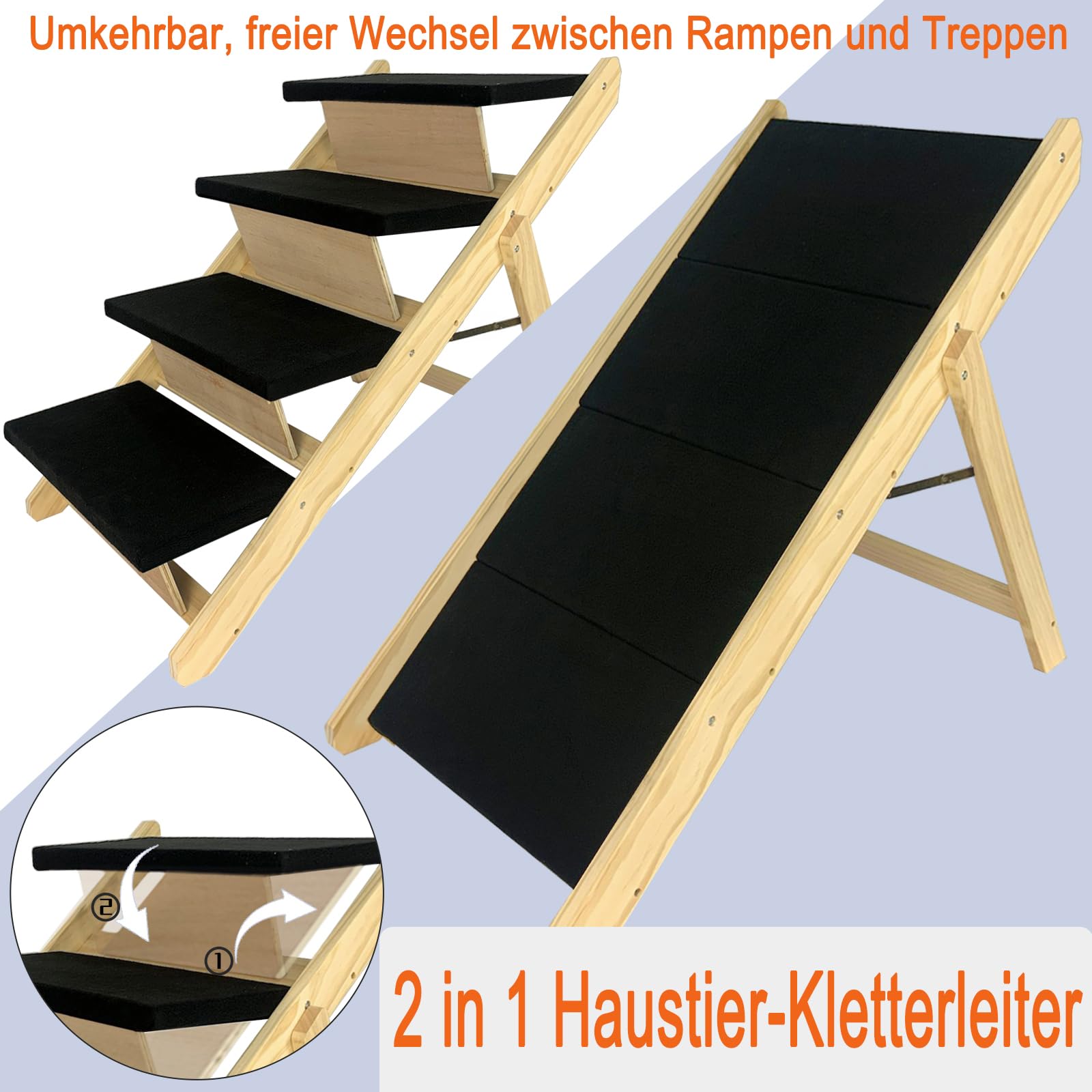 Hunderampe 2 in1 Haustiertreppe 100cm Faltbar Hundetreppe Rampe Hund Anti-rutsch Petwalk Hundeleiter Auffahrrampe Tiertreppe Hundeleiter Katzentreppe, 100x46x63cm (Typ B)