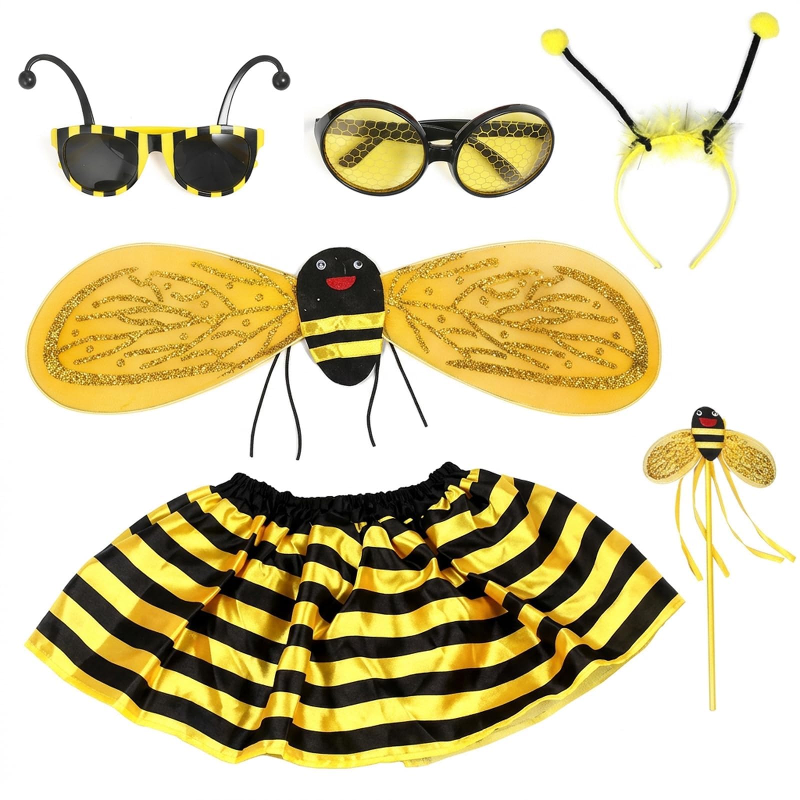 XZSKD Bee Costume Kids, Bumble Bee Costume Set with Wings and Headband, Ideal for Halloween Parties and Role-Play Activities, 6-Piece Yellow Bee Outfit for Girls Aged 2-5 Years