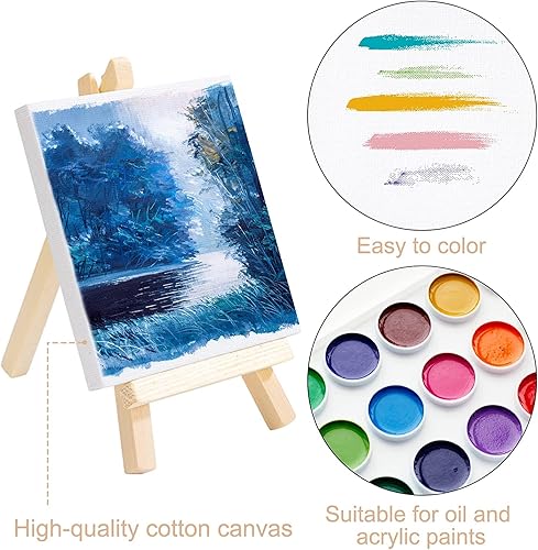 Miniatura 3 de Mini lienzo con caballete de 3.9 x 3.9in con pequeño caballete de madera para pintura al óleo acrílica, manualidades, 10 piezas