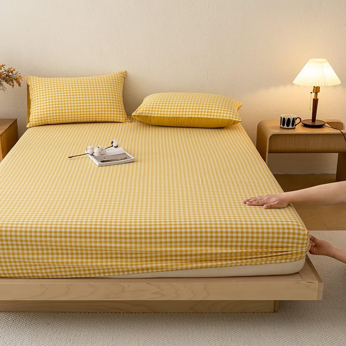 Yellow Gingham Fitted Sheet Queen Only Washed Cotton White Checkered Plaid Bottom Sheet Deep Pocket up to 16 Inch,Soft,Breathable,Easy Care