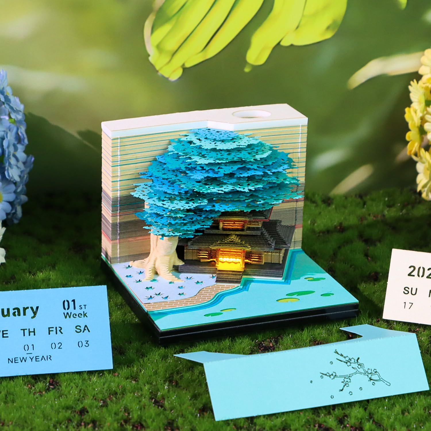 3D Desk Calendar 2026, 3D Art Calendar Memo Pad Creative Time Piece Calendar 2026, Tear-Away 3D Paper Carving Notepad with Lights, Holiday, Christmas, New Year Gift (Blue Marriage Tree)