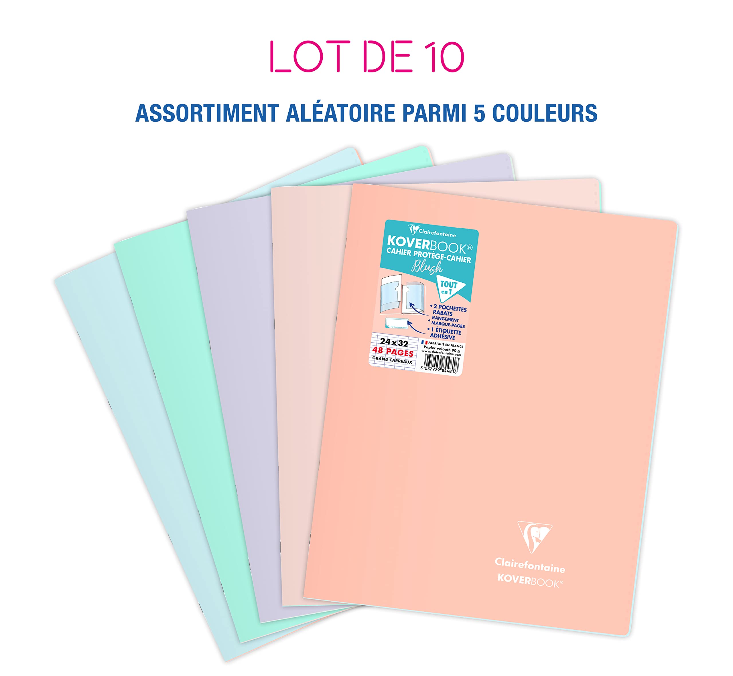 Clairefontaine 984481C Un Lot de 10 Cahiers Agrafés Koverbook Blush - 24x32 cm - 48 Pages Grands Carreaux - Papier Blanc 90 g - Couverture Polypro Couleurs Aléatoires