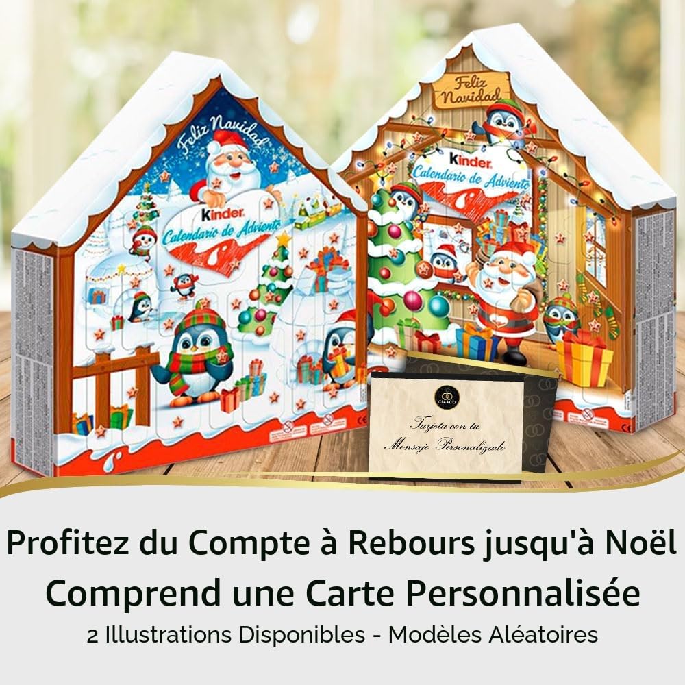 Calendrier de l’Avent Kinder Maison 2025 · 24 Chocolats Variés & 1 Œuf Kinder Surprise · Carte Personnalisable Cia&Co Incluse · Coffret Gourmand de Noël pour Enfants & Familles · 184 g
