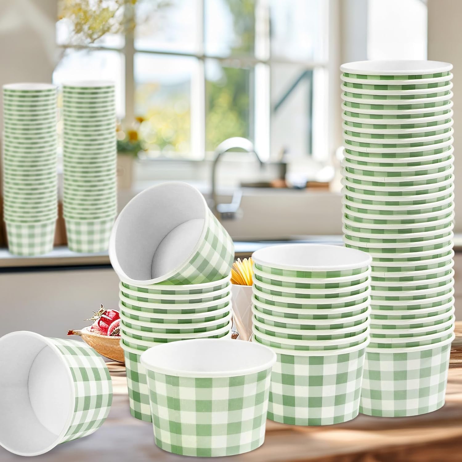 120 Pcs Gingham Paper Cups 12 oz Disposable Green Paper Dessert Snack Bowls Sage Green Gingham Ice Cream Cups Food Yogurt Cup Containers for Hot or Cold Food Soup CandiesBirthday Wedding Bride Shower
