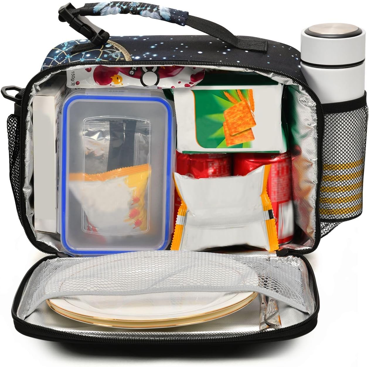 Dreamcatcher with A Starry Sky Background Lunch Box, Lunch Bag with Adjustable Shoulder Strap Insulated Tote Bag Picnic Box Lunch Bag for School Teens Snacks Insulated Cooler Tote