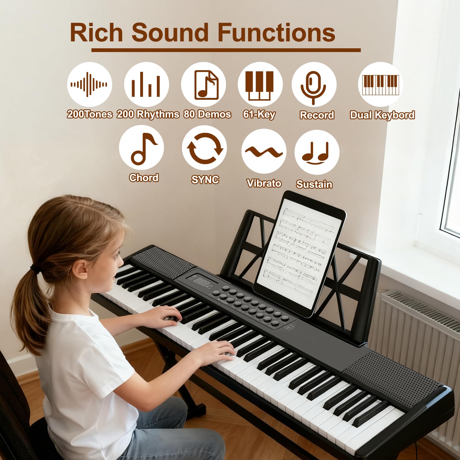 Elektronische Keyboard Piano, Bluetooth Faltbare 61 Tasten Digitale Klavier mit Netzadapter, Pedal, Notenständer, Aufkleber, Tragetasche, Geschenk für Anfänger