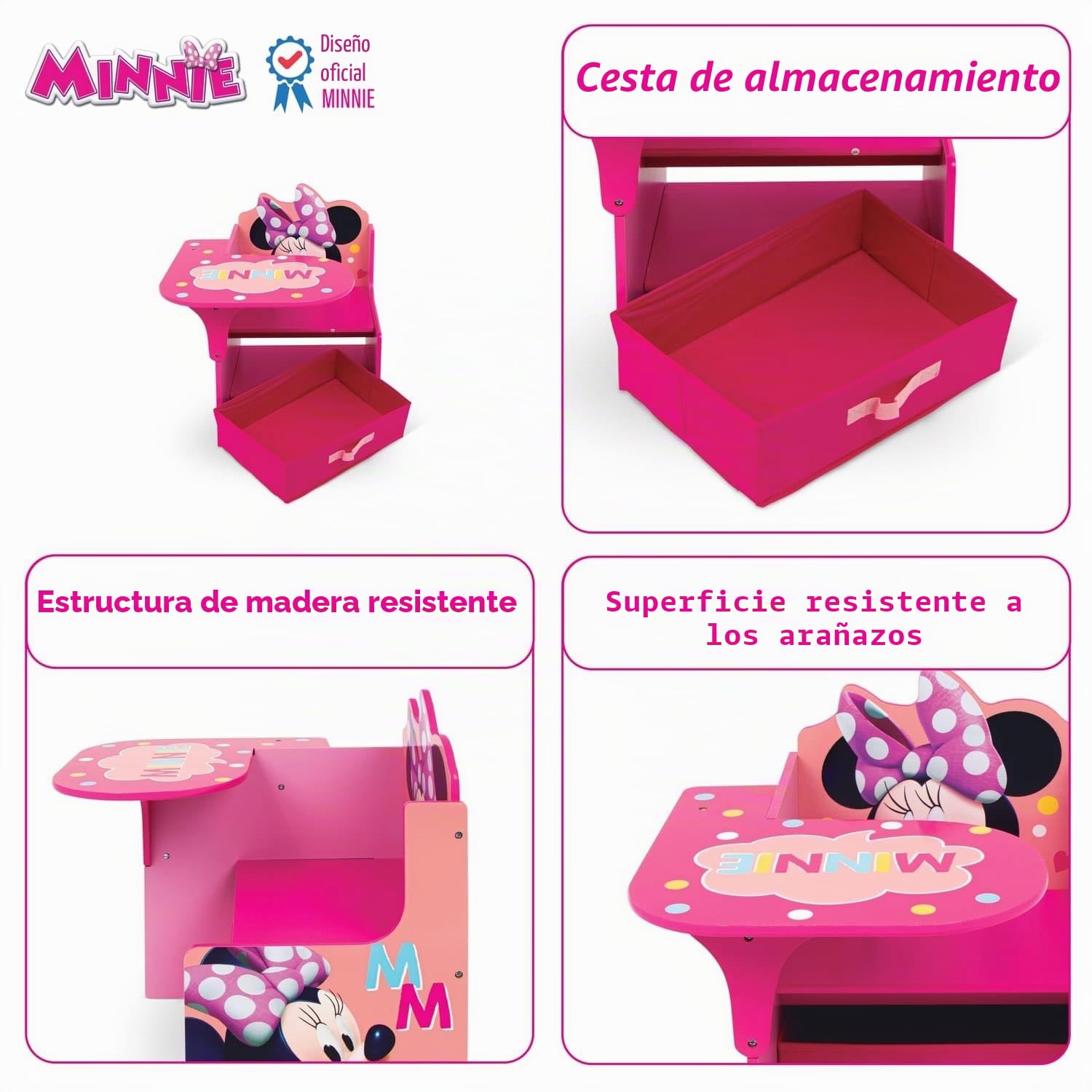 ARDITEX - Silla-Pupitre Infantil de Madera con contenedor Textil de Minnie Mouse de Disney - 62x30x60cm - Color Rosa - Ideal para Manualidades, estudiar o Jugar.