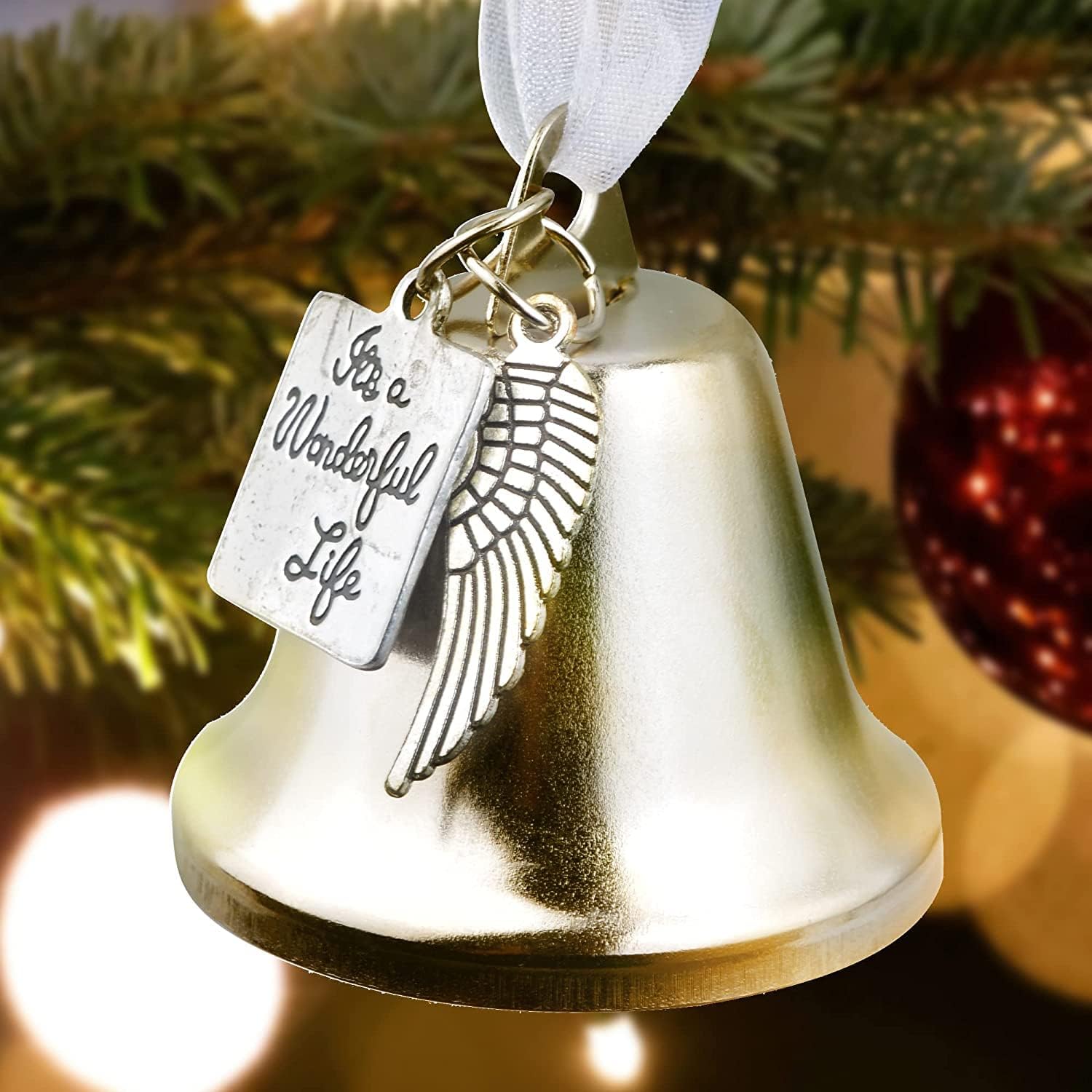 Silver Plated It's A Wonderful Life Christmas Bell Ornaments for Xmas Tree Wedding Anniversary Decoration Pendants with Angel Wings Charms (7X7CM) - Image 3