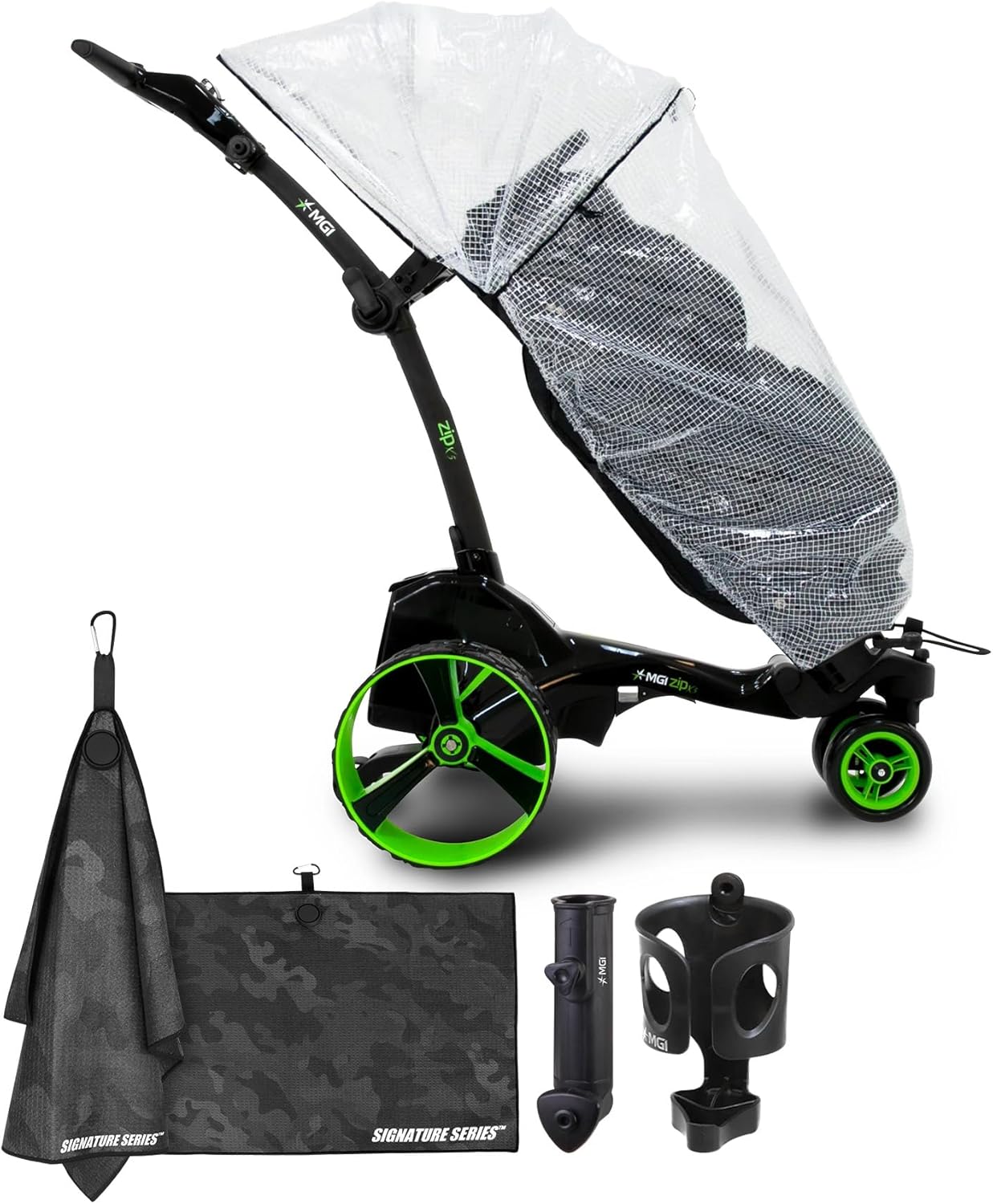 MGI Zip X5 Electric Golf Push Cart with Rain Cover | Zip Folding Caddy, All-Terrain Wheels, Plays 36 Holes, Adjustable Speed, 3 Wheels, Display Screen, Odometer | Signature Series Golf Towel