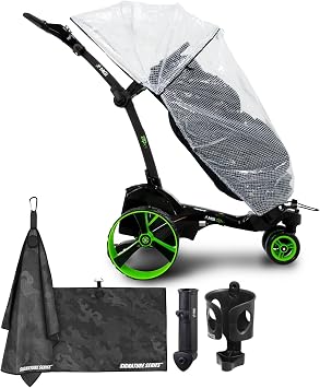 MGI Zip X5 Electric Golf Push Cart with Rain Cover | Zip Folding Caddy, All-Terrain Wheels, Plays 36 Holes, Adjustable Speed, 3 Wheels, Display Screen, Odometer | Signature Series Golf Towel