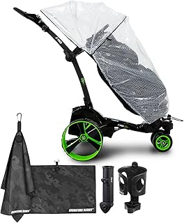 MGI Zip X5 Electric Golf Push Cart with Rain Cover | Zip Folding Caddy, All-Terrain Wheels, Plays 36 Holes, Adjustable Speed, 3 Wheels, Display Screen, Odometer | Signature Series Golf Towel