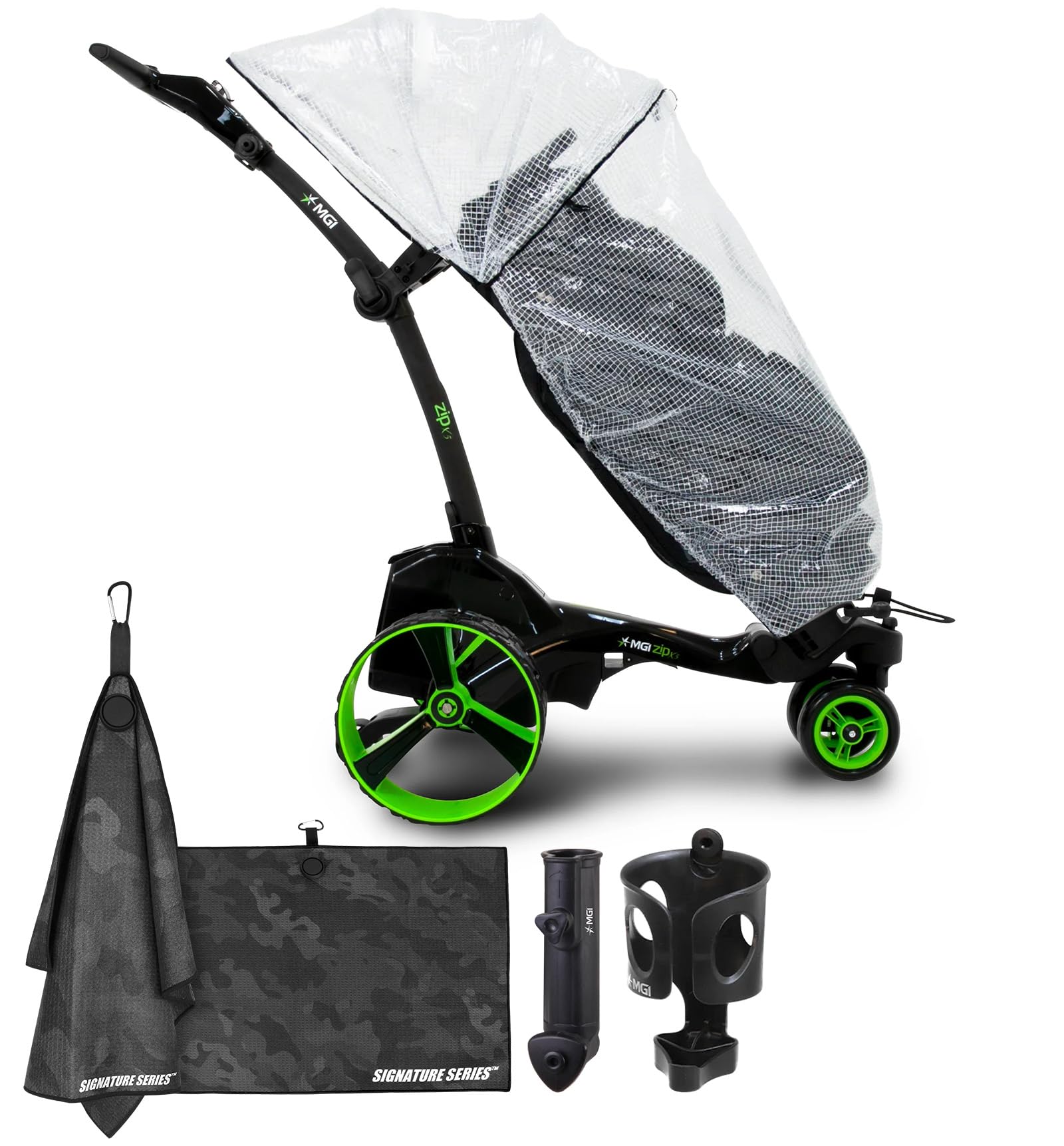 MGI Zip X5 Electric Golf Push Cart with Rain Cover | Zip Folding Caddy, All-Terrain Wheels, Plays 36 Holes, Adjustable Speed, 3 Wheels, Display Screen, Odometer | Signature Series Golf Towel
