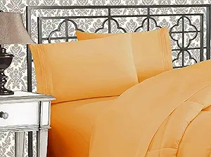 Elegant Comfort Luxurious 1500 Premium Hotel Quality Microfiber Three Line Embroidered Softest 4-Piece Bed Sheet Set, Wrinkle and Fade Resistant, Full, Camel-Gold