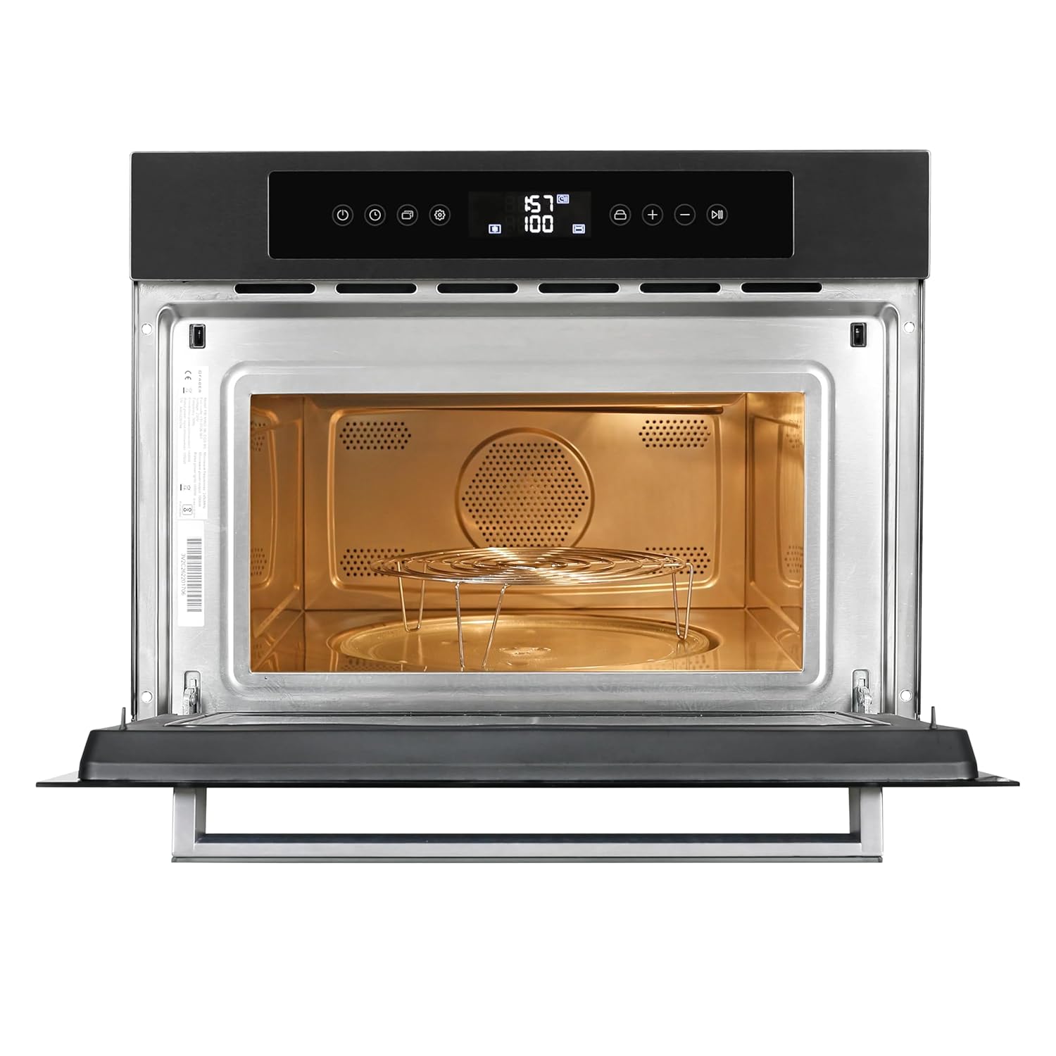 Faber 38 L Convection Microwave Oven, interior view with door open and wire rack